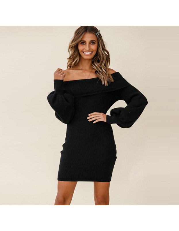 Sexy Bag Hip Black Strapless Lantern Long Sleeve Mini Ribbed Dress LQ171