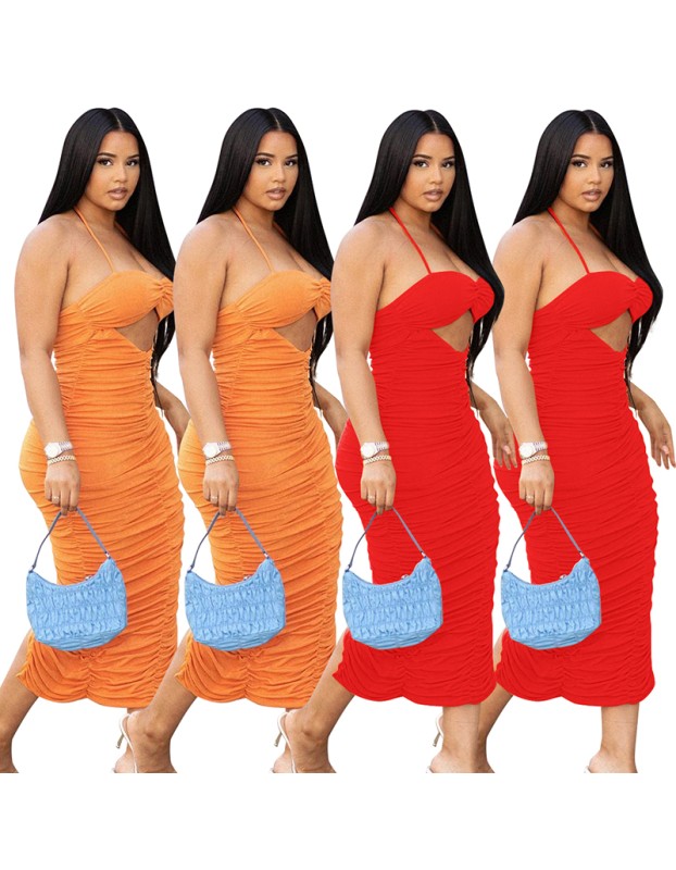 women tube top sexy straps folds halter hollow slit dress M30178