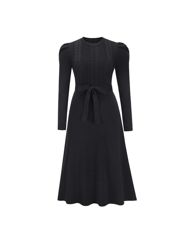 Mid-Length Wool Knit Puff Sleeve Casual High Waisted Loose Fall Dresses LQ163