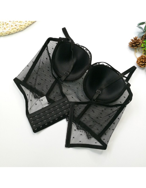 Black Polka Dot Corset Sexy Women Mesh Gauze Perspective Wipe Chest KN8055