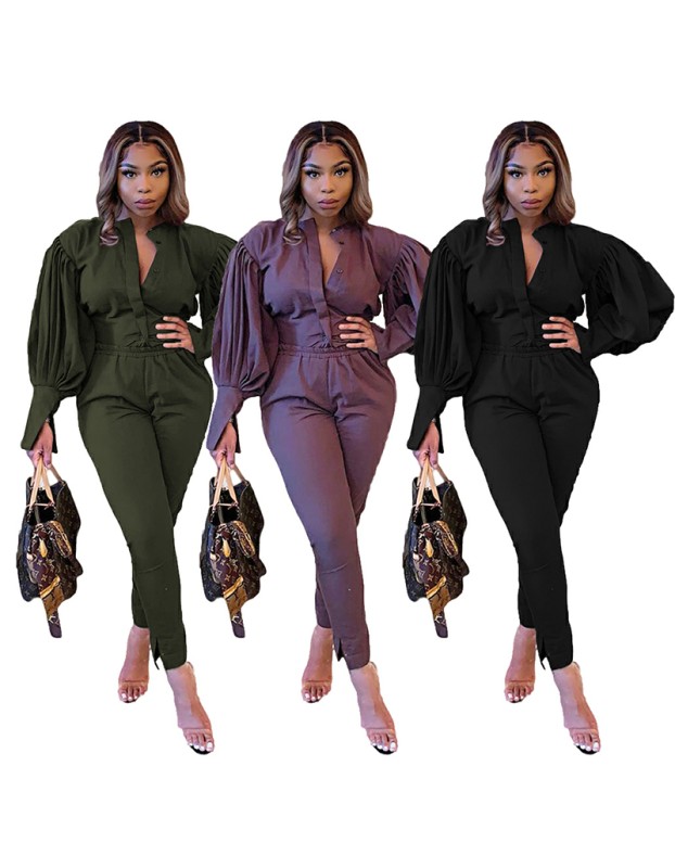 Puff Sleeve Top Plus Size Two Piece Outfi Sets Women M039