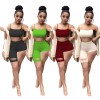 Sexy Tube Top Trendy Crop Top And Pants Solid Two Piece Set Short Set M050