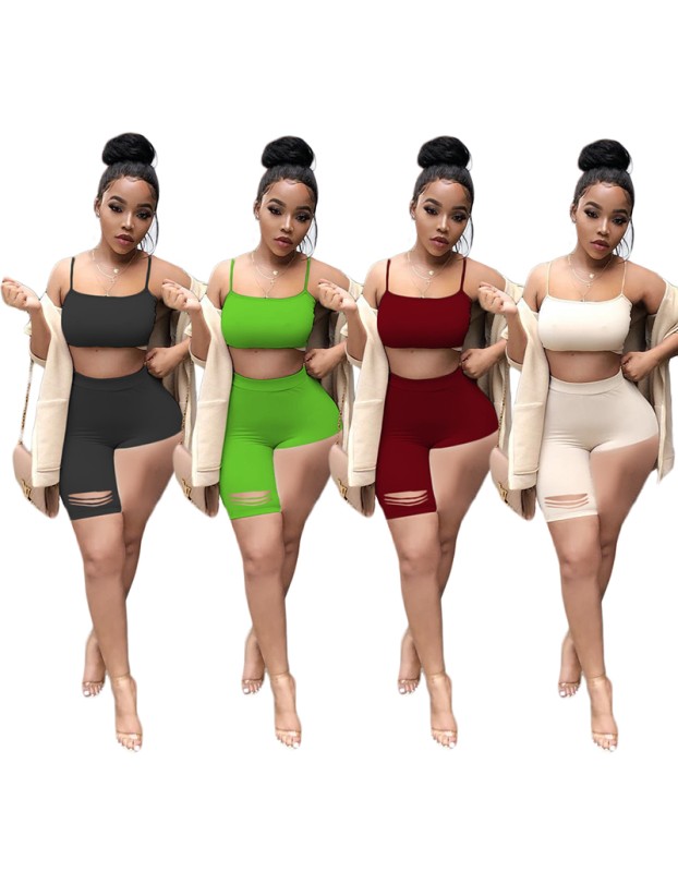 Sexy Tube Top Trendy Crop Top And Pants Solid Two Piece Set Short Set M050