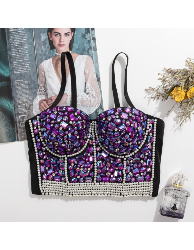 Nailed Beaded Suspenders Sexy Bright Drill Bra Support Body Shaping Top KN8813