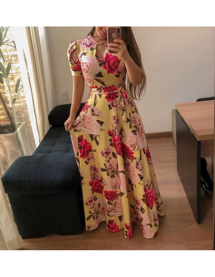 Casual Short Sleeve Long Boho Floral Print Maxi Dress M8410