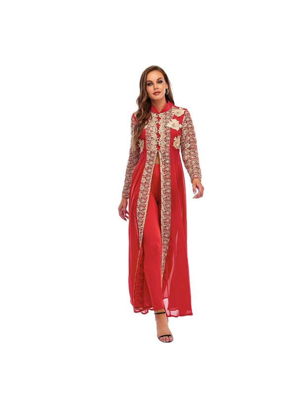 Chiffon Small Stand Collar Lace Long Sleeved Two Piece Suit Floral Print Dress 0952