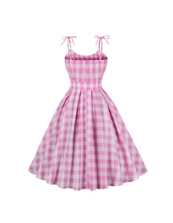 Sexy Halter Pink Plaid Women Casual Sweet Bow Barbie Midlength Dress 5170