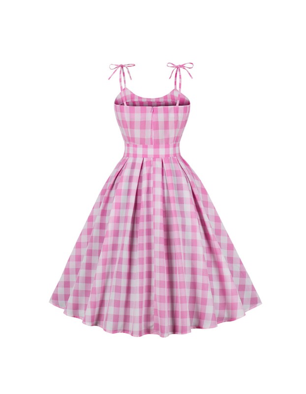 Sexy Halter Pink Plaid Women Casual Sweet Bow Barbie Midlength Dress 5170