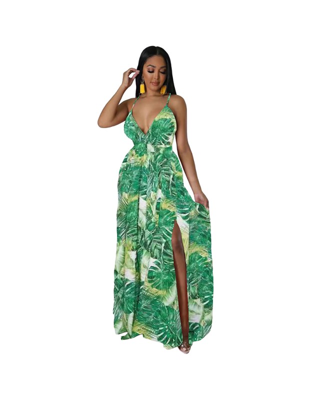 European And American Fashion Women's Print Halter Long Dress 9400
