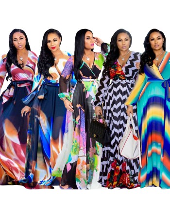 New Summer Printed Chiffon V-neck Maxi Dress M8380