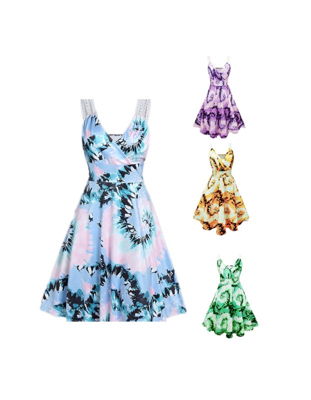 Women Casual Print Gown With Big Swing V-neck Dress Plus Size Dress 5155
