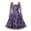 Gothic Mesh Long Sleeves Lace Retro Black Rose Drawing Halloween Dress M5150