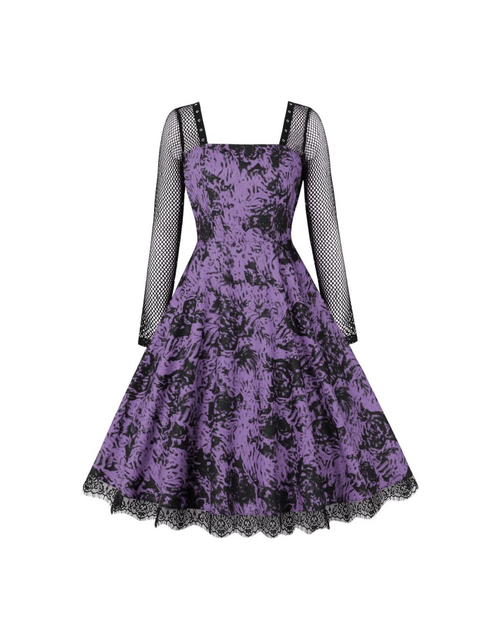Gothic Mesh Long Sleeves Lace Retro Black Rose Drawing Halloween Dress M5150