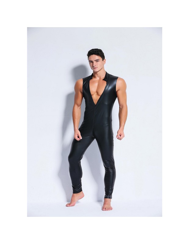 Men Sexy Patent Leather Tight Stage Performance Leather Bar Jumpsuit XX6002