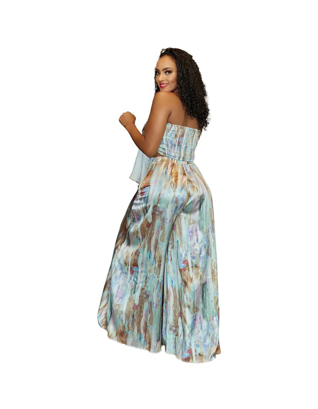 Sexy Women Print Strapless Midriff Two Piece Wide Leg Pants Set 9426
