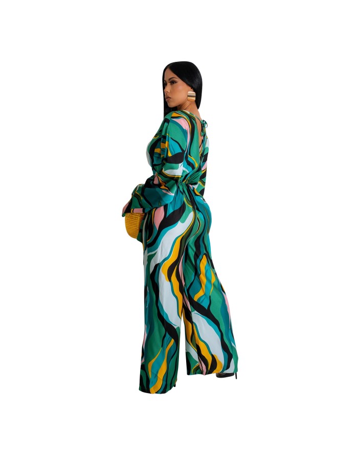 Fashion Sexy V-neck Long Sleeved Printed Wide Leg Jumpsuit For Women YM8631