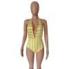 women halter deep V neck white black stripe one piece swimwear M8364