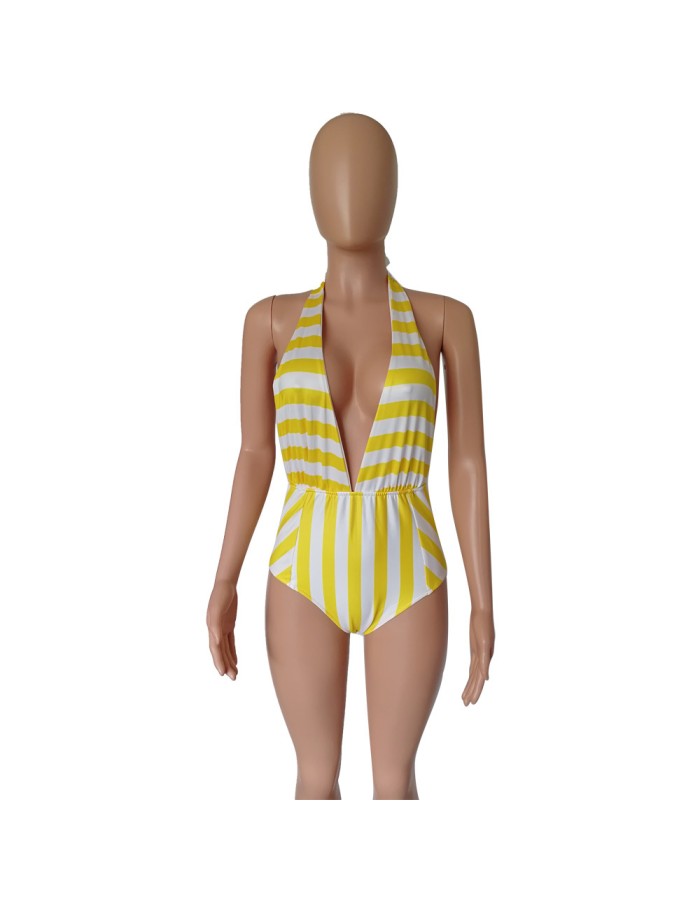 women halter deep V neck white black stripe one piece swimwear M8364