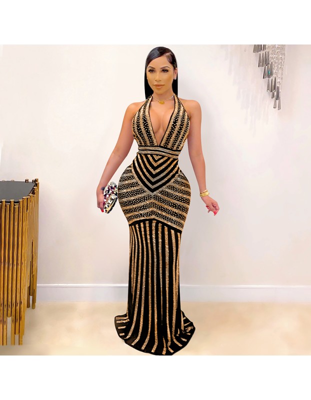 Sexy Deep V Backless Sequin Evening Ironed Drill See Through Long Party Dress X3816