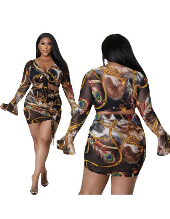 Women Printed Long Sleeved Hip Sexy Drawstring Dress Two Piece Set 8618