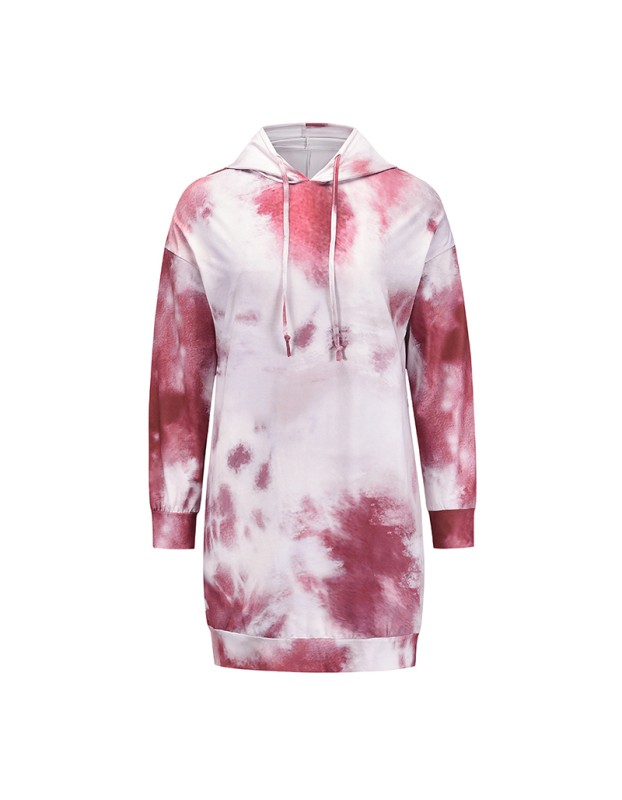 Mid-Length Pullover O-Neck Casual Tie Dye Printed Sweater Hoodie Dress LQ155
