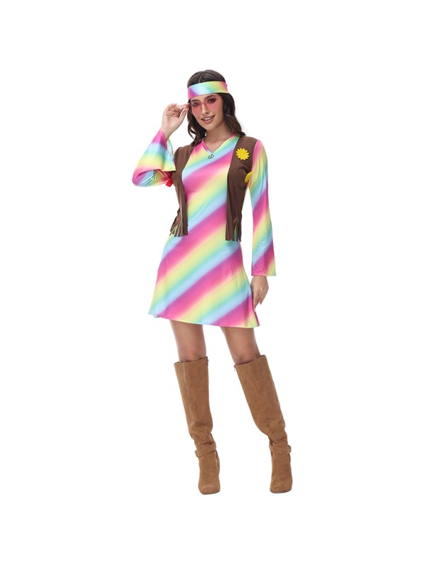 Sexy Halloween Gradient Striped Skirt Long Sleeve Cosplay Indian Dress Costume MS1781