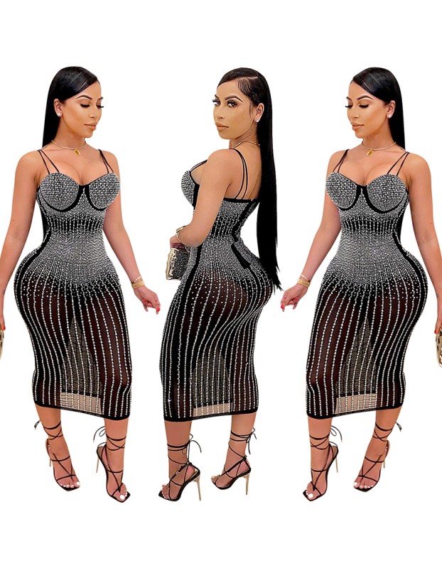 Mesh Club Sexy Diamond Encrusted Halter Womens Dresses X3805