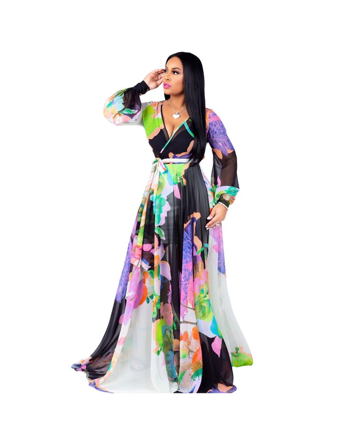 Summer Women Floral Print Casual Chiffon Maxi Dress M8266