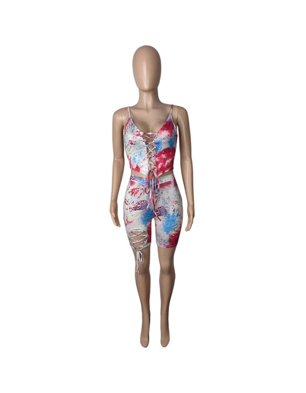 Fashion printing shorts set with hollow out two piece bandage M054
