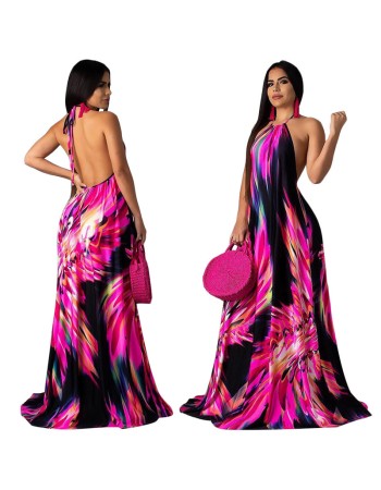 Halter Style Women Casual Loose Beach Maxi Dress M8388