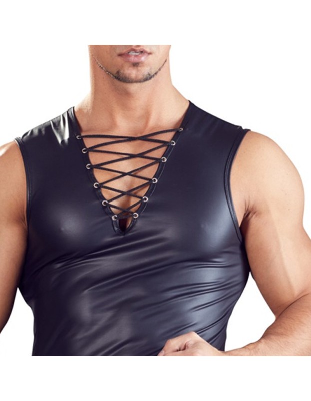 Men Faux Leather Sexy Sleeveless Stretch Slim Tops N801