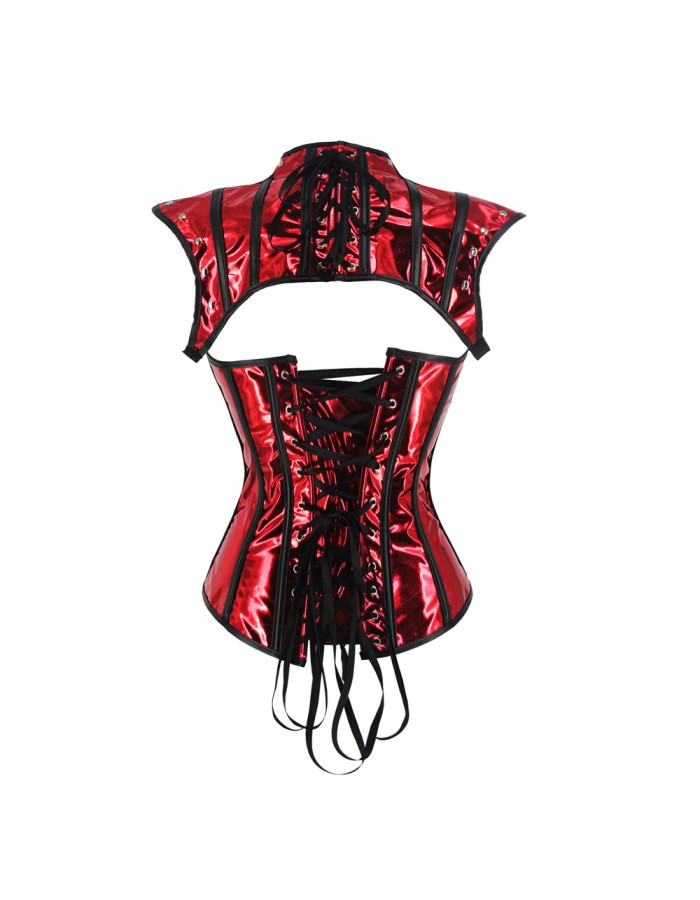 Retro Shiny Metallic Faux Leather Corset Set Women Overbust Bustier Femme Punk Clothing WK2304b