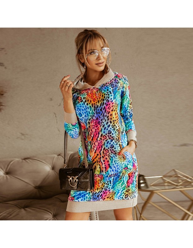 Sweatshirt Hooded Contrast Color Print Loose Long Sleeve Casual Dresses LQ153