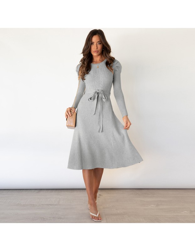 Mid-Length Wool Knit Puff Sleeve Casual High Waisted Loose Fall Dresses LQ163