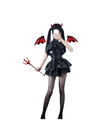 Women Imp Bat Patent Leather Witch Dress Costume Daemon Uniform Cosplay FSM096