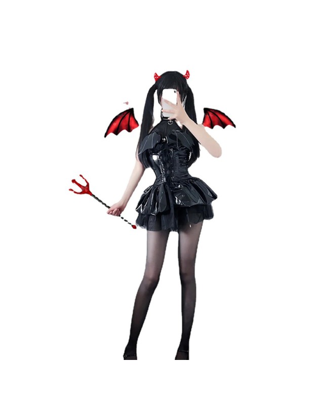 Women Imp Bat Patent Leather Witch Dress Costume Daemon Uniform Cosplay FSM096