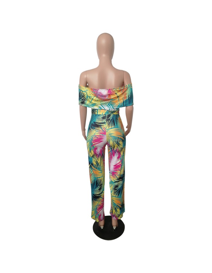 Boho Style Tropical Print Off Shoulder Ruffle Beach Rompers M8420