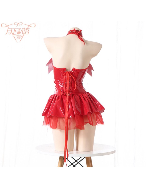 Women Imp Bat Patent Leather Witch Dress Costume Daemon Uniform Cosplay FSM096