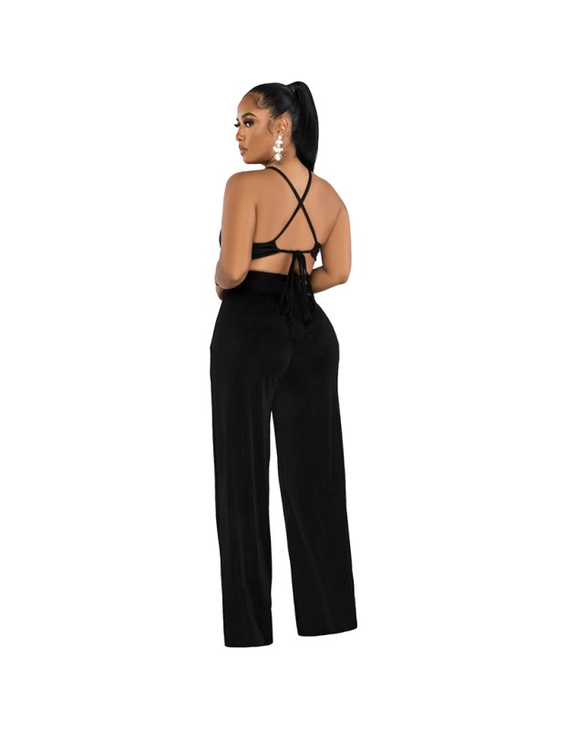 Women's Halter Cross-Strap Solid Color Wide-Leg Pants Two Piece Set 9428