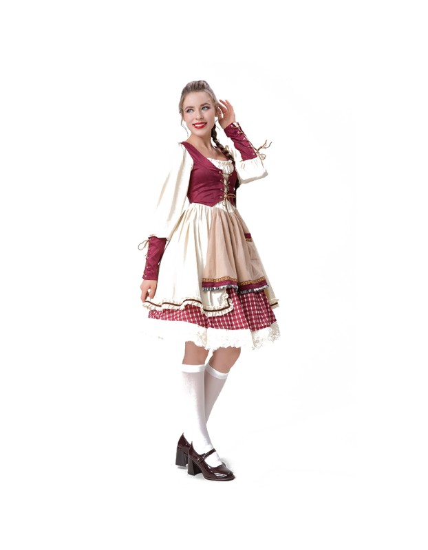 Halloween Maid  Adult Red Plaid Dress Cosplay Red Cape Play Costume YM8735
