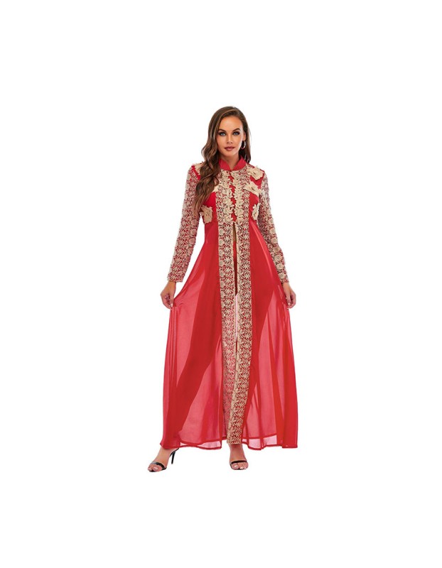 Chiffon Small Stand Collar Lace Long Sleeved Two Piece Suit Floral Print Dress 0952