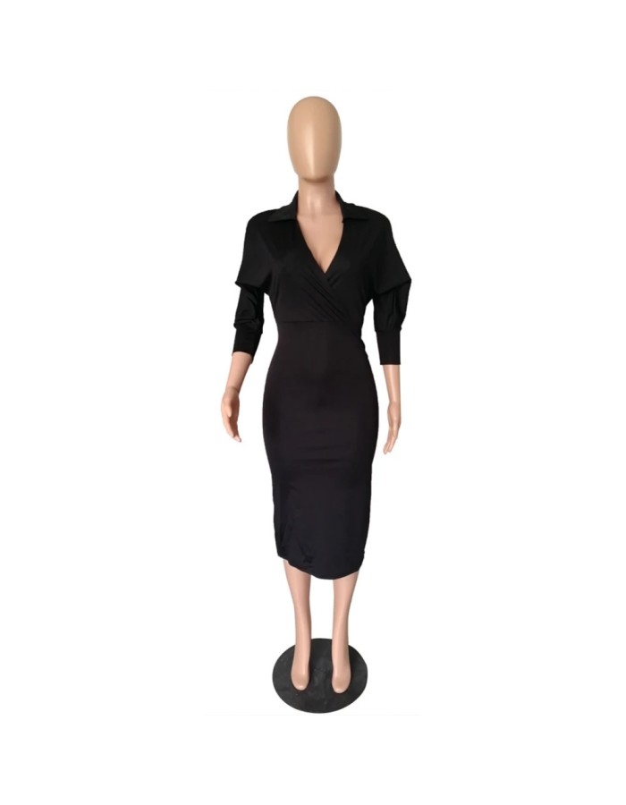 Elegant V Neck Batwing Sleeve Knee Length Bodycon Dress m8385