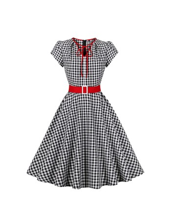 Women Retro Dress Black And White Check Belt Slimming Casual Dress 5039