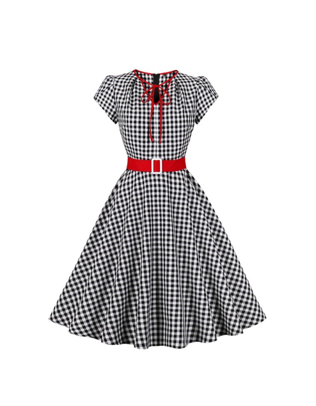 Women Retro Dress Black And White Check Belt Slimming Casual Dress 5039