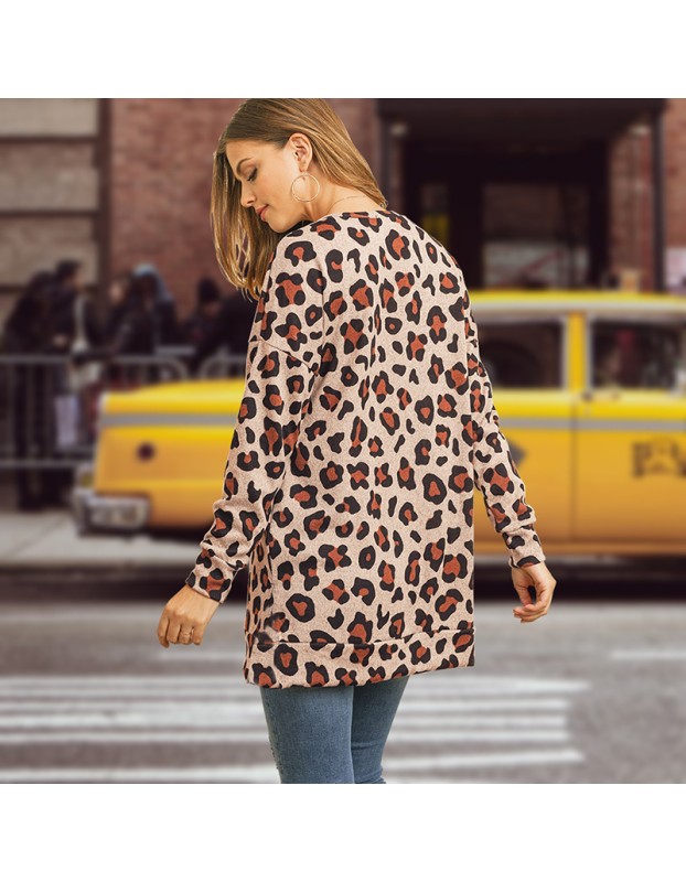 Round Neck T-Shirt Slim Long Casual Leopard Print Bottoming LQ082