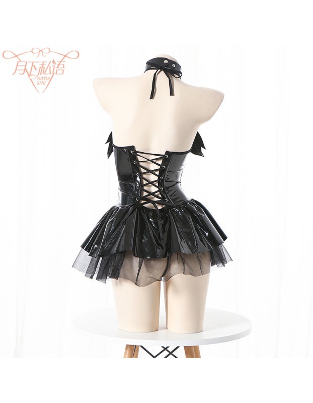 Women Imp Bat Patent Leather Witch Dress Costume Daemon Uniform Cosplay FSM096