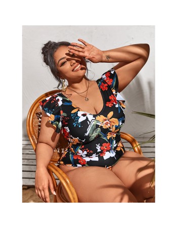 Print Bikini One Piece Swimsuit Plus Size Women Short Sleeve Swimsuit 387