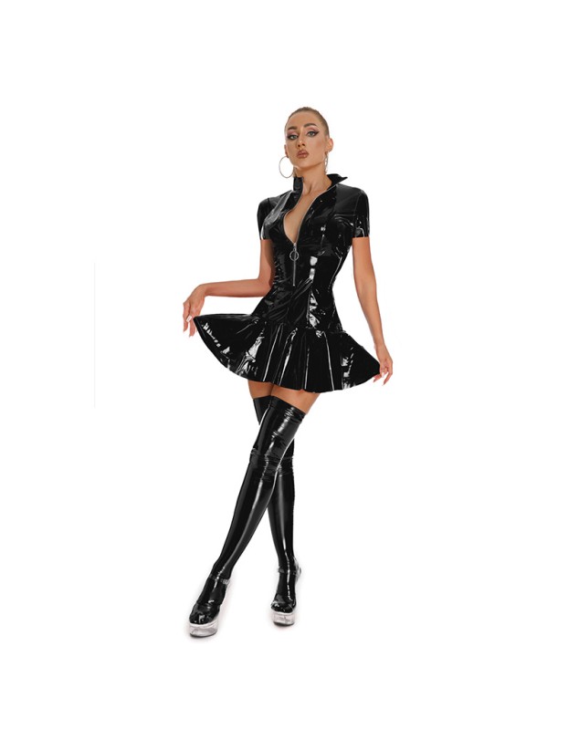 Women Sexy Shiny PVC Leather Nightclub Latex Pleated Mini Dress XX6392