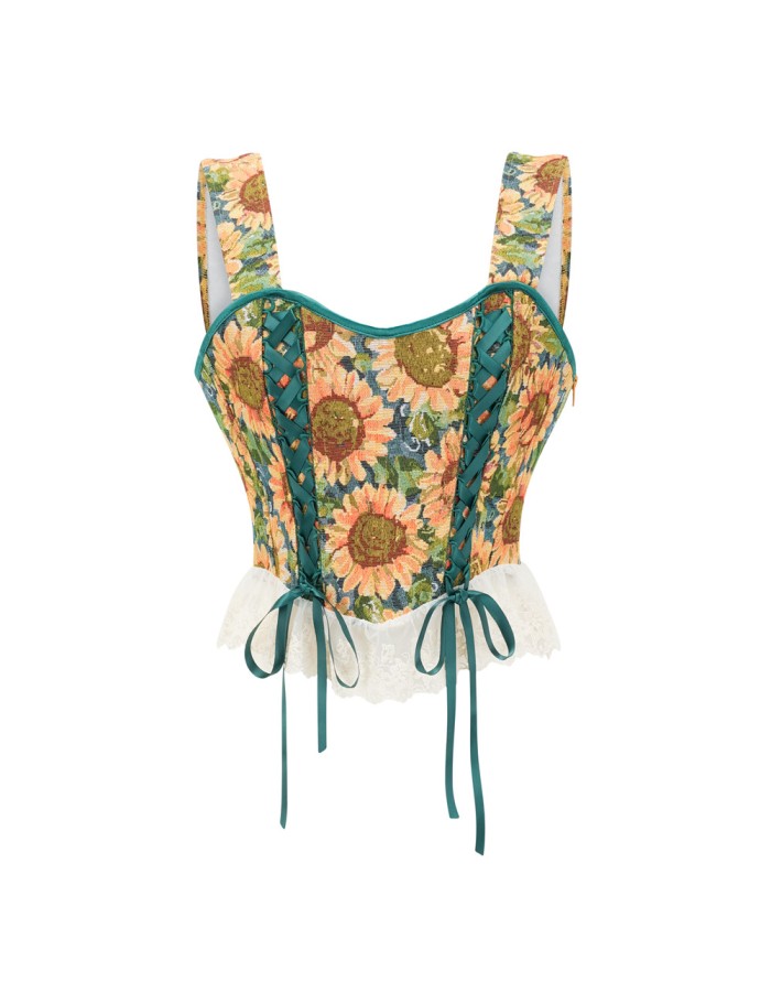 Sexy Lace Trim Sunflower Embroidery Straps Corset Cami Cropped Top M22061
