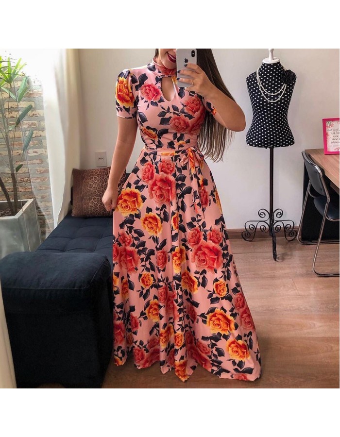Casual Short Sleeve Long Boho Floral Print Maxi Dress M8410